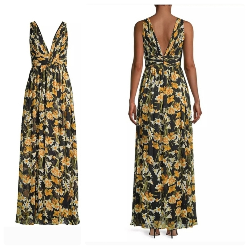 Aidan by Aidan Mattox Floral Yellow Black Maxi Long Dress Wedding Formal size 0
